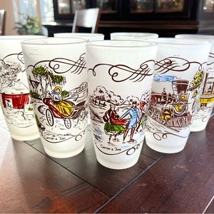 Vintage 1950's Currier and Ives Frosted Tall Tumbler Glasses Set of 7